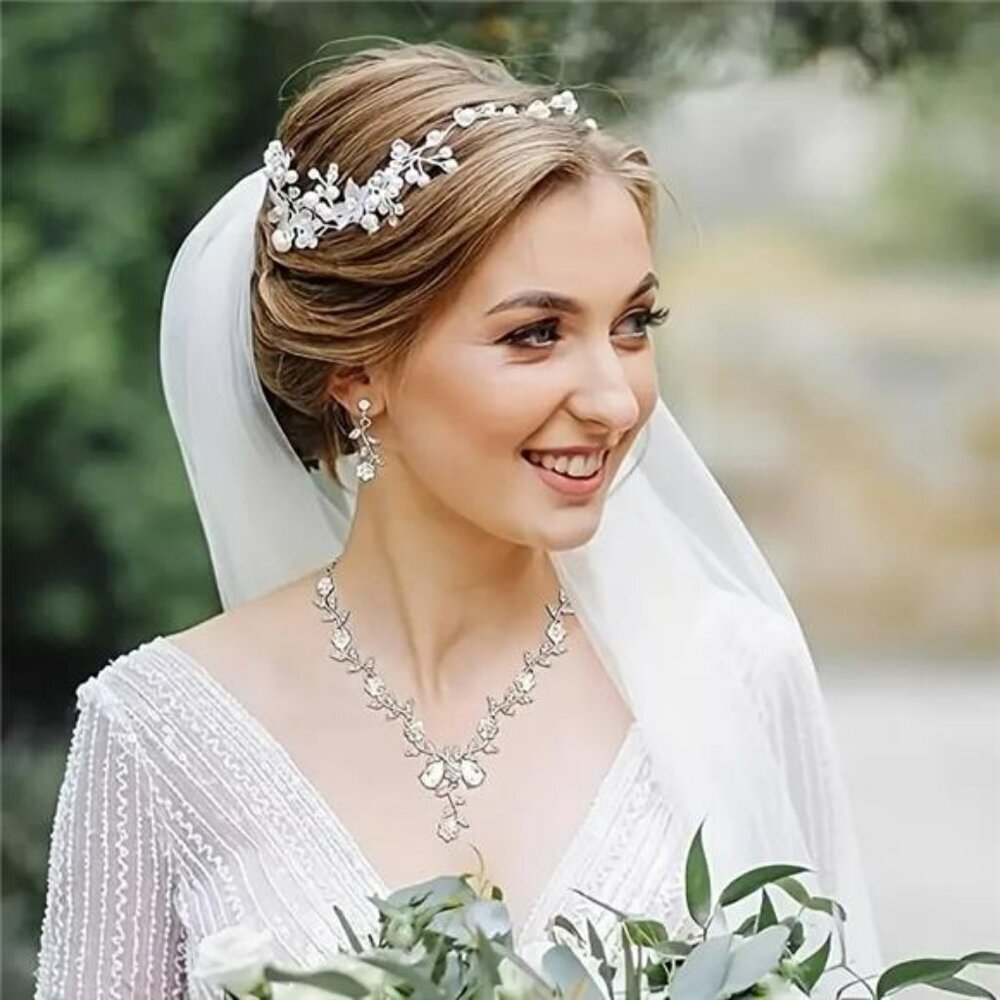 Bride Bridal Wedding Jewelry Set Silver Crystal Rhinestone Necklace Earrings Set